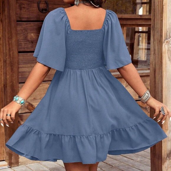 Dusty Blue Casual Women's Nomadic Short Dress with Embroidery and Ruffle Sleeves - Picture 2 of 5